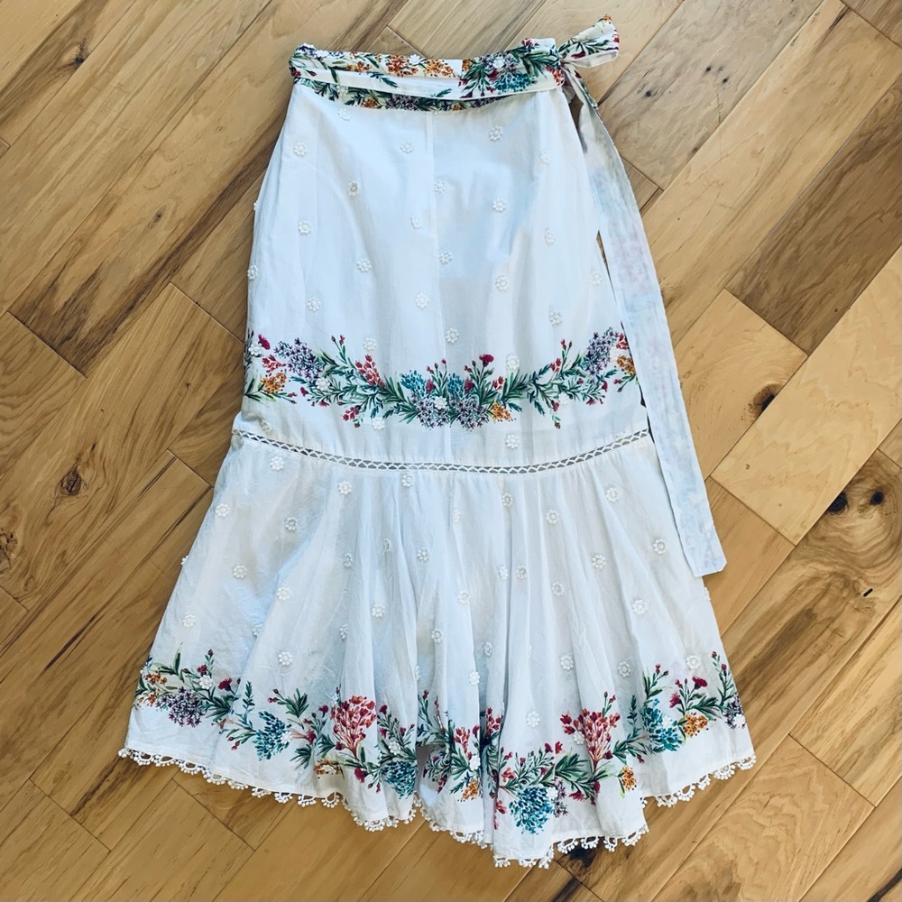 Farm Rio Sz S Louise Wrap Skirt White Floral Midi Ruffle Botanical Print Cotton - Picture 6 of 12